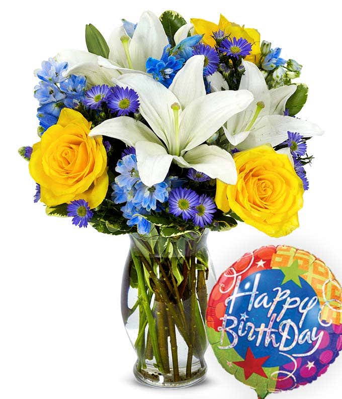 Blue and yellow flowers with a birthday balloon