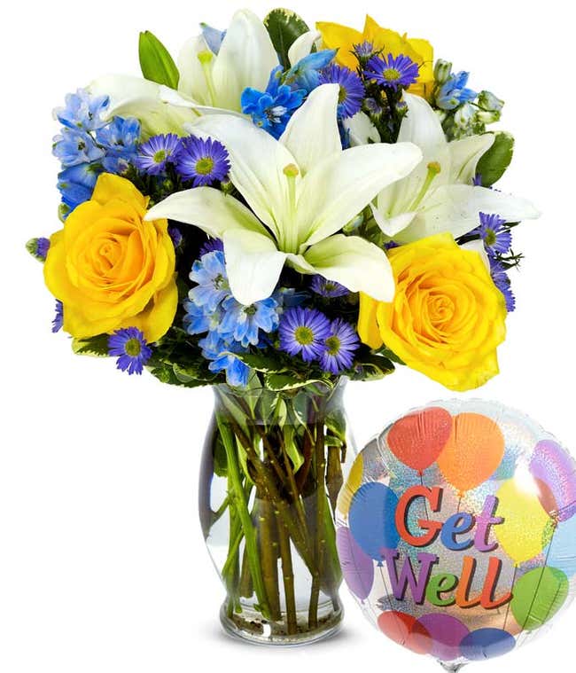 Get well soon balloon with mixed flowers