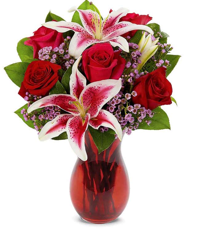 Red roses and pink stargazer bouquet