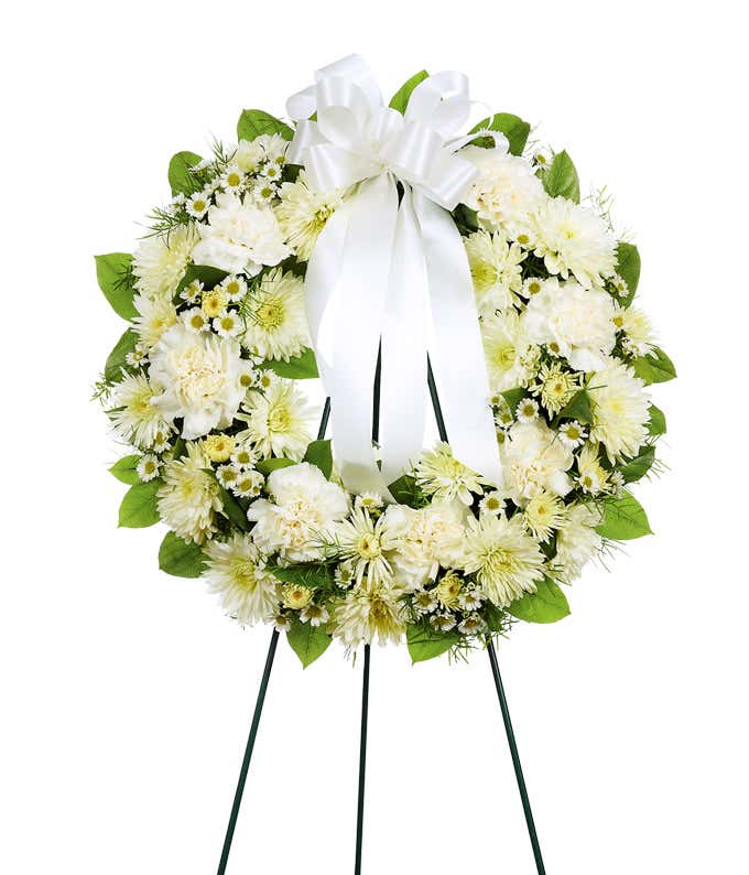 White flower open wreath standing spray 