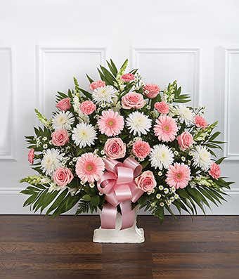 Pink & white sympathy floor basket with pink roses and white flowers