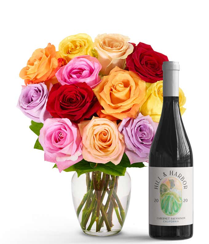 One Dozen Rainbow Roses with Red Wine