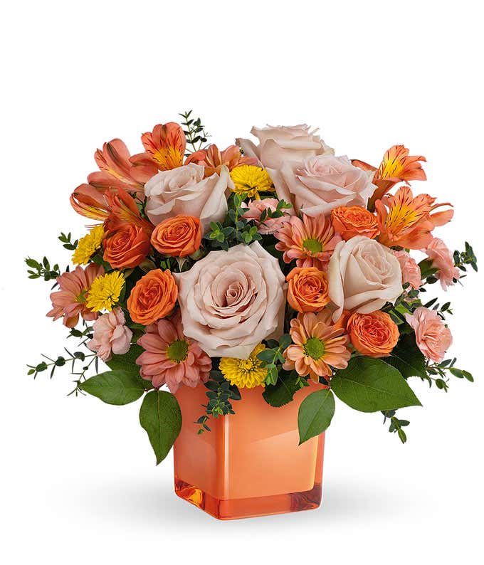 Light orange and coral roses, peach alstroemeria, peach carnations, Yellow and bronze chrysanthemums, pravifolia eucalyptus, lemon leaf in a glass coral cube vase against a white background